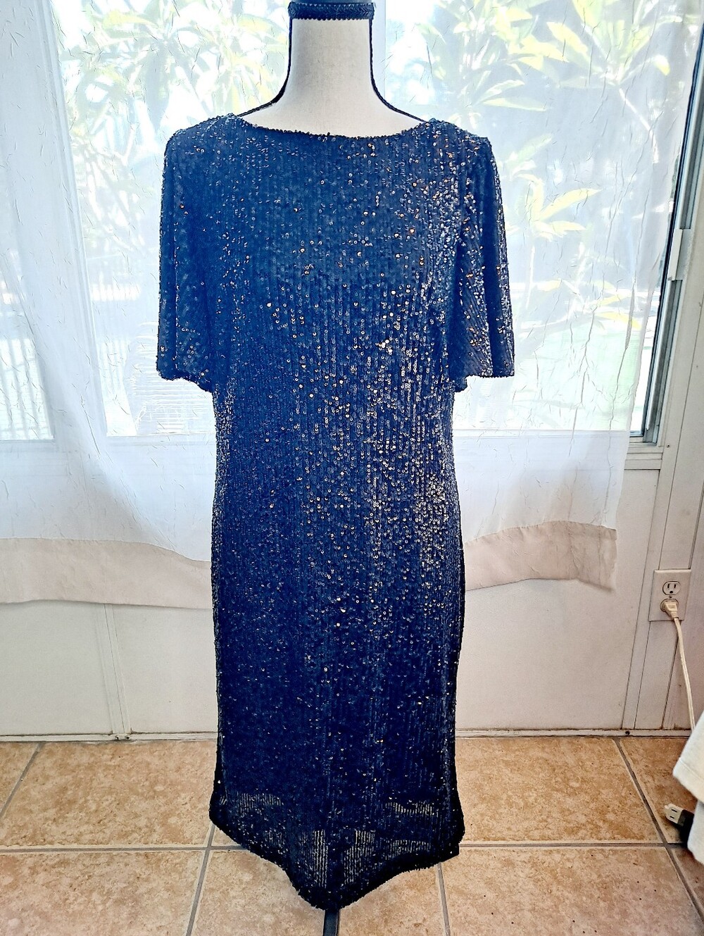 Hilary Radley black sequin short-sleeve mini dress all-over sparkle